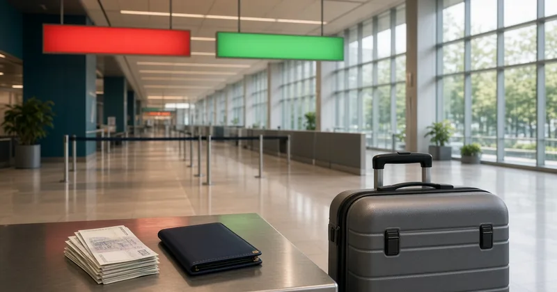 An empty airport arrivals hall with a red and a green overhead channel light, and a stack of banknotes, a wallet and a suitcase on a steel counter