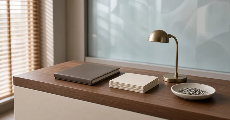 Empty walnut bank counter in soft morning light through wooden blinds, with a blank leather folio, cream envelopes and a brass lamp beside frosted glass