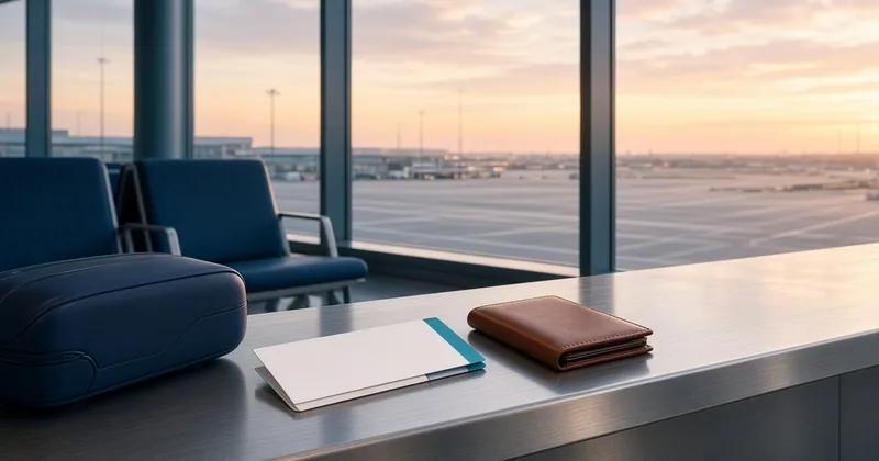 Empty airport gate at sunrise with a navy suitcase, blank teal-accent cards, and a leather wallet on a brushed metal ledge
