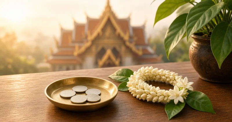 Brass coin dish and jasmine garland on a wooden table in soft morning light, with a tropical plant and a blurred Thai temple roof beyond
